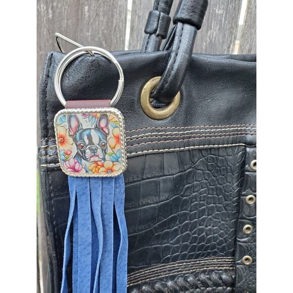 Handmade boho Boston terrier Gift Leather Fringe Western bag charm keychain - Picture 4 of 4